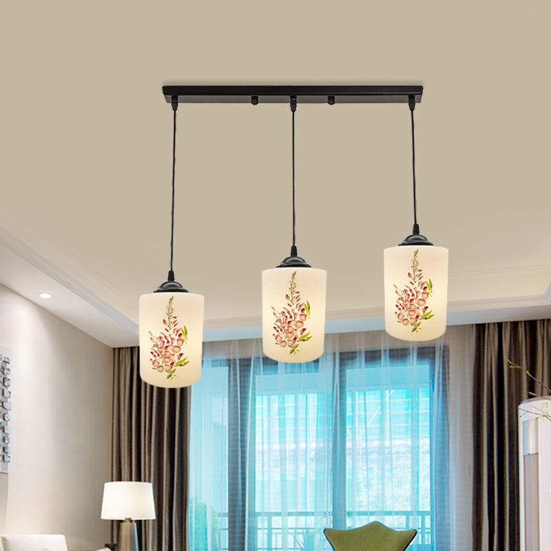 White Printing Glass Black Multi Pendant Lamp Cylinder 3-Light Dining Room Suspension Light with Round/Linear Canopy Clearhalo 'Ceiling Lights' 'Glass shade' 'Glass' 'Pendant Lights' 'Pendants' Lighting' 802044