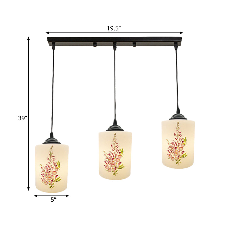 White Printing Glass Black Multi Pendant Lamp Cylinder 3-Light Dining Room Suspension Light with Round/Linear Canopy Clearhalo 'Ceiling Lights' 'Glass shade' 'Glass' 'Pendant Lights' 'Pendants' Lighting' 802046