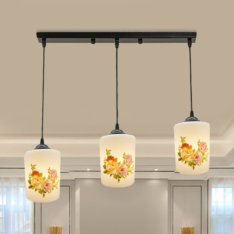 White Printing Glass Black Multi Pendant Lamp Cylinder 3-Light Dining Room Suspension Light with Round/Linear Canopy White D Linear Clearhalo 'Ceiling Lights' 'Glass shade' 'Glass' 'Pendant Lights' 'Pendants' Lighting' 802047