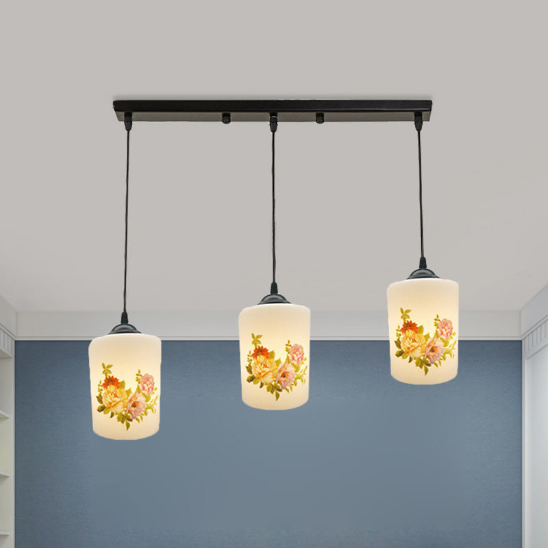 White Printing Glass Black Multi Pendant Lamp Cylinder 3-Light Dining Room Suspension Light with Round/Linear Canopy Clearhalo 'Ceiling Lights' 'Glass shade' 'Glass' 'Pendant Lights' 'Pendants' Lighting' 802048