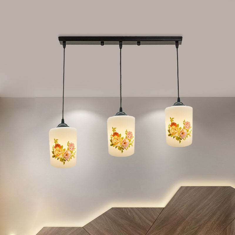 White Printing Glass Black Multi Pendant Lamp Cylinder 3-Light Dining Room Suspension Light with Round/Linear Canopy Clearhalo 'Ceiling Lights' 'Glass shade' 'Glass' 'Pendant Lights' 'Pendants' Lighting' 802049