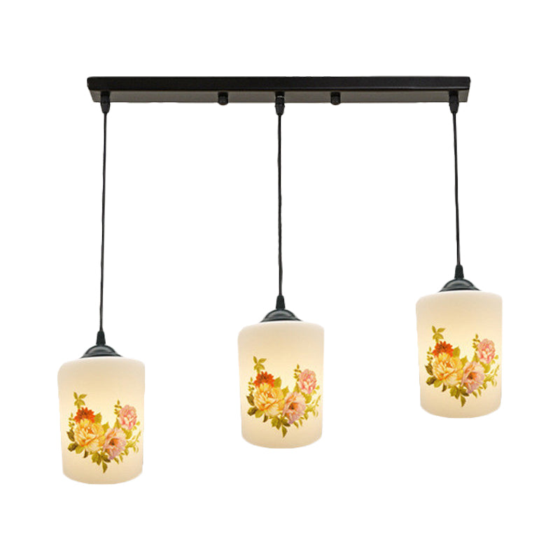 White Printing Glass Black Multi Pendant Lamp Cylinder 3-Light Dining Room Suspension Light with Round/Linear Canopy Clearhalo 'Ceiling Lights' 'Glass shade' 'Glass' 'Pendant Lights' 'Pendants' Lighting' 802050