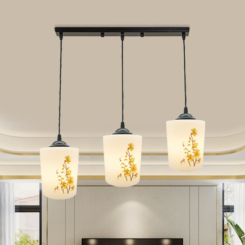 White Printing Glass Black Multi Pendant Lamp Cylinder 3-Light Dining Room Suspension Light with Round/Linear Canopy White C Linear Clearhalo 'Ceiling Lights' 'Glass shade' 'Glass' 'Pendant Lights' 'Pendants' Lighting' 802051