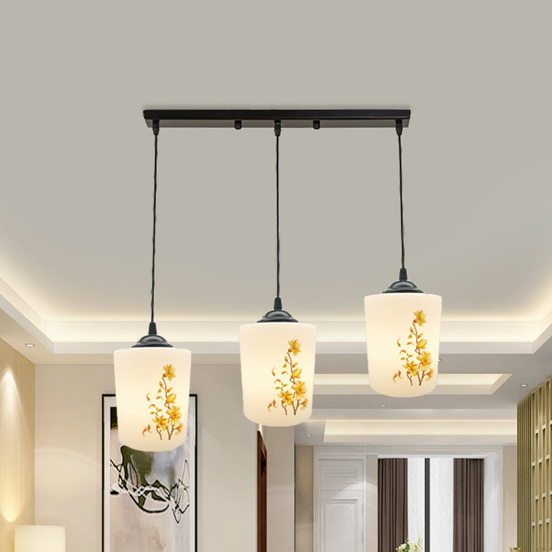 White Printing Glass Black Multi Pendant Lamp Cylinder 3-Light Dining Room Suspension Light with Round/Linear Canopy Clearhalo 'Ceiling Lights' 'Glass shade' 'Glass' 'Pendant Lights' 'Pendants' Lighting' 802052