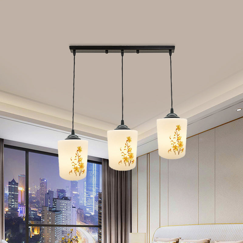 White Printing Glass Black Multi Pendant Lamp Cylinder 3-Light Dining Room Suspension Light with Round/Linear Canopy Clearhalo 'Ceiling Lights' 'Glass shade' 'Glass' 'Pendant Lights' 'Pendants' Lighting' 802053