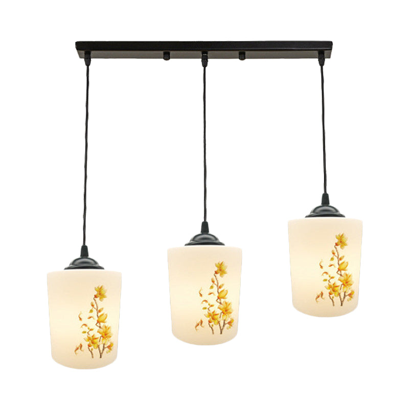 White Printing Glass Black Multi Pendant Lamp Cylinder 3-Light Dining Room Suspension Light with Round/Linear Canopy Clearhalo 'Ceiling Lights' 'Glass shade' 'Glass' 'Pendant Lights' 'Pendants' Lighting' 802054