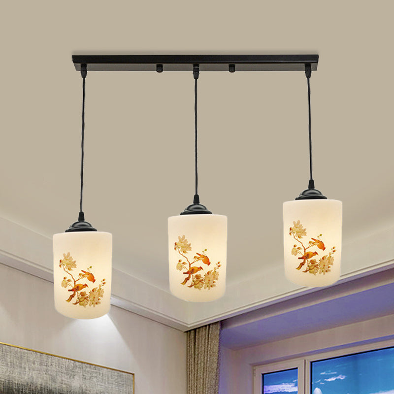 White Printing Glass Black Multi Pendant Lamp Cylinder 3-Light Dining Room Suspension Light with Round/Linear Canopy White B Linear Clearhalo 'Ceiling Lights' 'Glass shade' 'Glass' 'Pendant Lights' 'Pendants' Lighting' 802055
