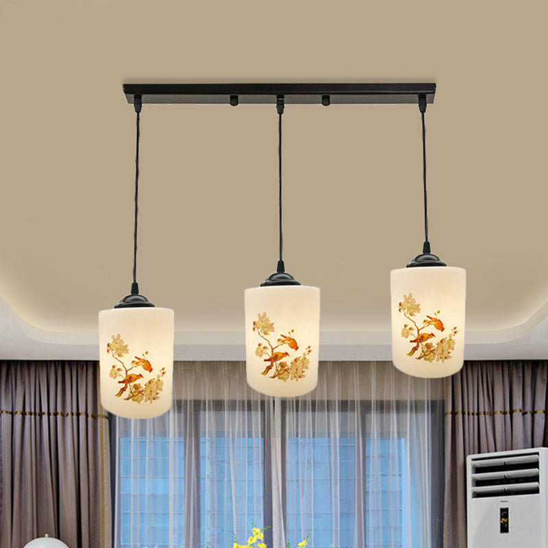 White Printing Glass Black Multi Pendant Lamp Cylinder 3-Light Dining Room Suspension Light with Round/Linear Canopy Clearhalo 'Ceiling Lights' 'Glass shade' 'Glass' 'Pendant Lights' 'Pendants' Lighting' 802056