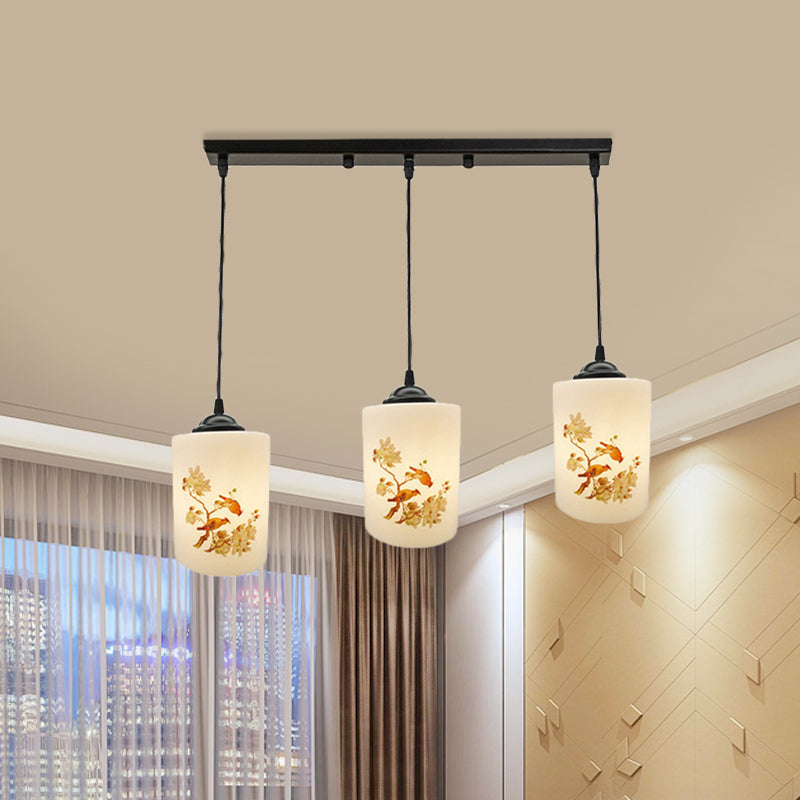 White Printing Glass Black Multi Pendant Lamp Cylinder 3-Light Dining Room Suspension Light with Round/Linear Canopy Clearhalo 'Ceiling Lights' 'Glass shade' 'Glass' 'Pendant Lights' 'Pendants' Lighting' 802057