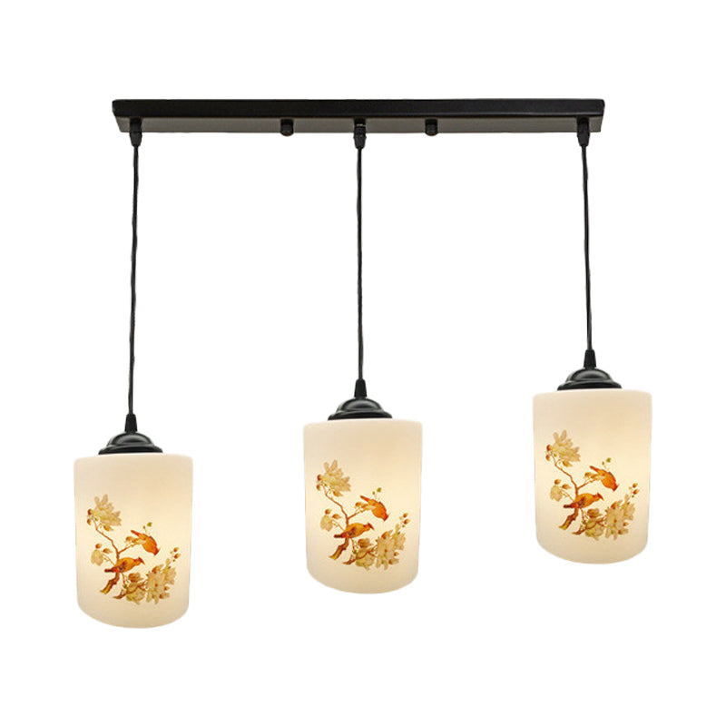 White Printing Glass Black Multi Pendant Lamp Cylinder 3-Light Dining Room Suspension Light with Round/Linear Canopy Clearhalo 'Ceiling Lights' 'Glass shade' 'Glass' 'Pendant Lights' 'Pendants' Lighting' 802058