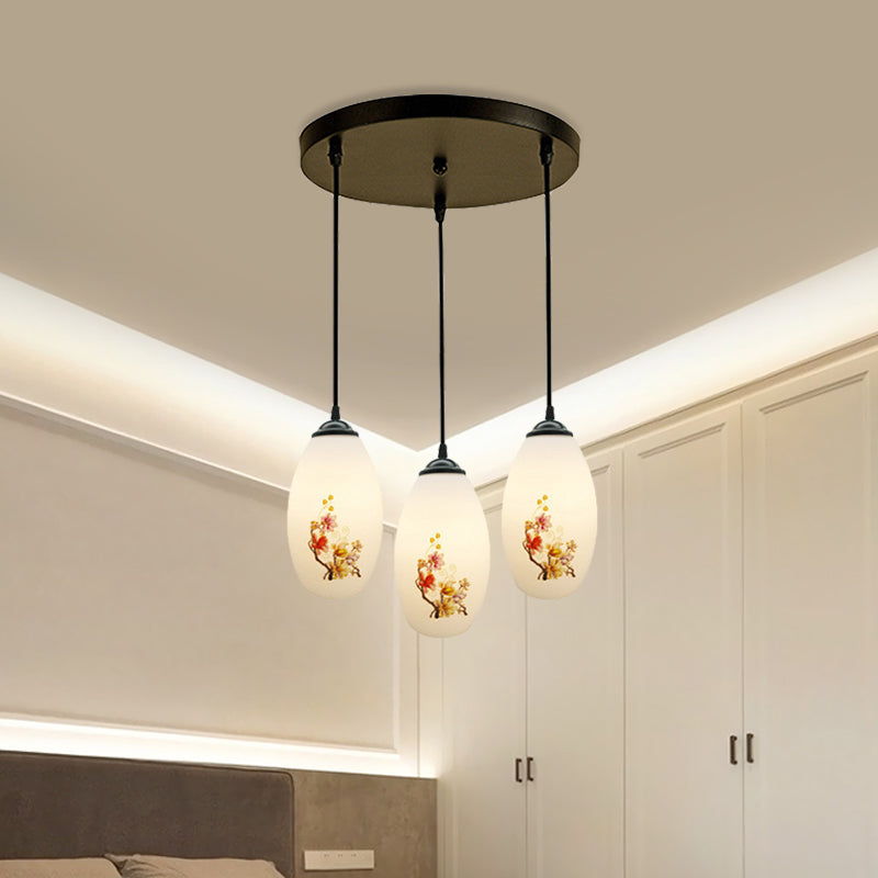 3 Bulbs Multiple Hanging Light Modern Oblong Frosted White Glass Linear/Round Canopy Pendulum Lamp with Flower Pattern Clearhalo 'Ceiling Lights' 'Glass shade' 'Glass' 'Pendant Lights' 'Pendants' Lighting' 802060