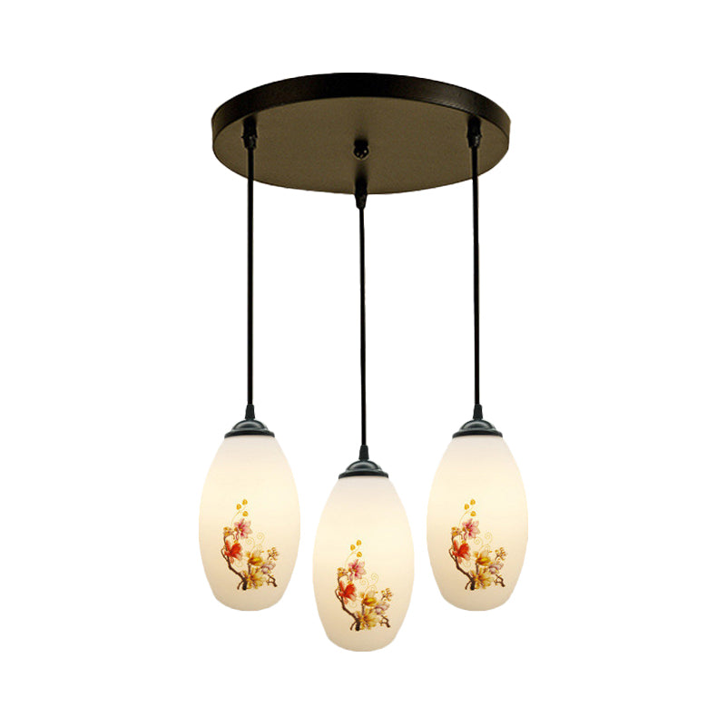 3 Bulbs Multiple Hanging Light Modern Oblong Frosted White Glass Linear/Round Canopy Pendulum Lamp with Flower Pattern Clearhalo 'Ceiling Lights' 'Glass shade' 'Glass' 'Pendant Lights' 'Pendants' Lighting' 802061