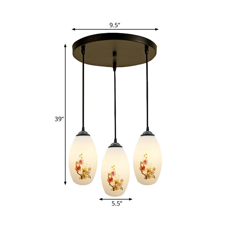 3 Bulbs Multiple Hanging Light Modern Oblong Frosted White Glass Linear/Round Canopy Pendulum Lamp with Flower Pattern Clearhalo 'Ceiling Lights' 'Glass shade' 'Glass' 'Pendant Lights' 'Pendants' Lighting' 802062
