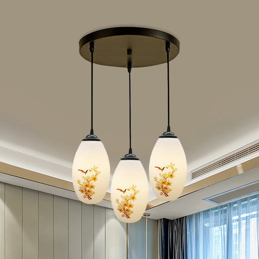 3 Bulbs Multiple Hanging Light Modern Oblong Frosted White Glass Linear/Round Canopy Pendulum Lamp with Flower Pattern White B Round Clearhalo 'Ceiling Lights' 'Glass shade' 'Glass' 'Pendant Lights' 'Pendants' Lighting' 802063