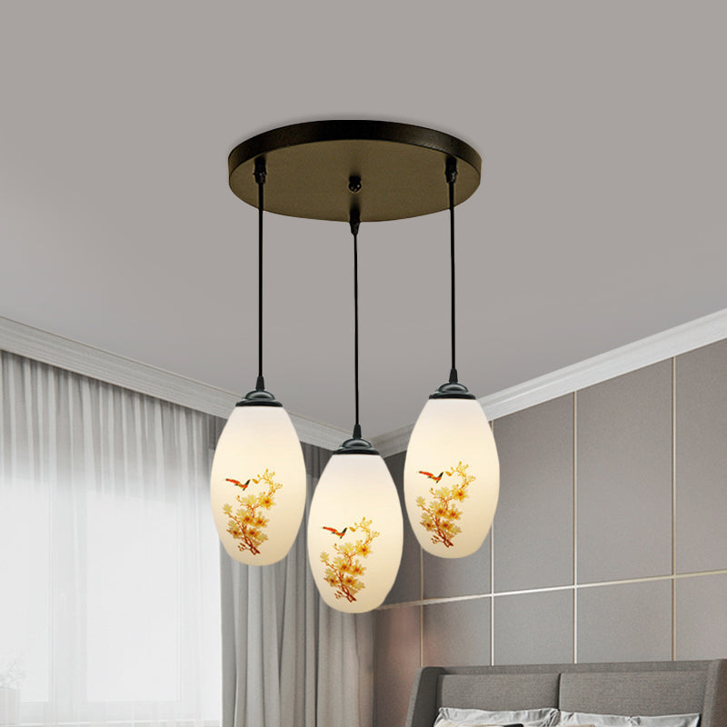 3 Bulbs Multiple Hanging Light Modern Oblong Frosted White Glass Linear/Round Canopy Pendulum Lamp with Flower Pattern Clearhalo 'Ceiling Lights' 'Glass shade' 'Glass' 'Pendant Lights' 'Pendants' Lighting' 802064