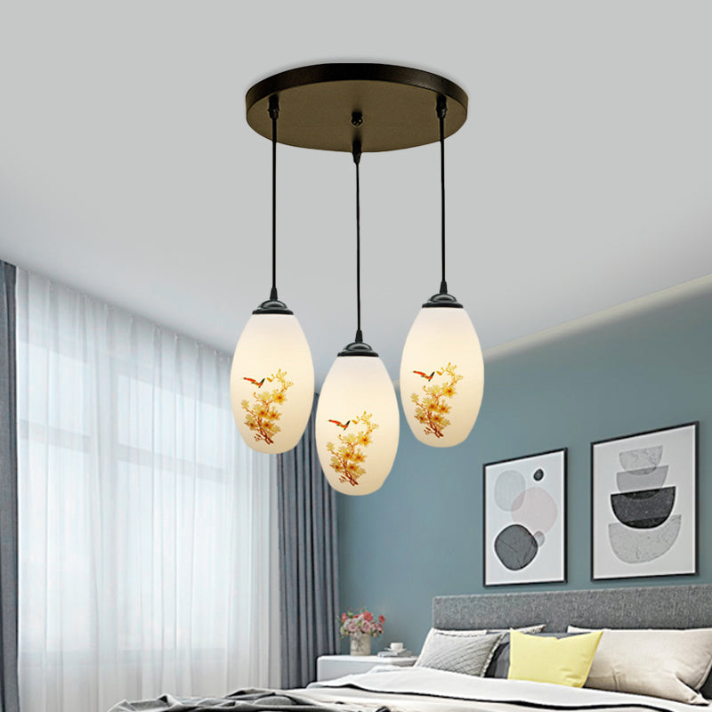 3 Bulbs Multiple Hanging Light Modern Oblong Frosted White Glass Linear/Round Canopy Pendulum Lamp with Flower Pattern Clearhalo 'Ceiling Lights' 'Glass shade' 'Glass' 'Pendant Lights' 'Pendants' Lighting' 802065
