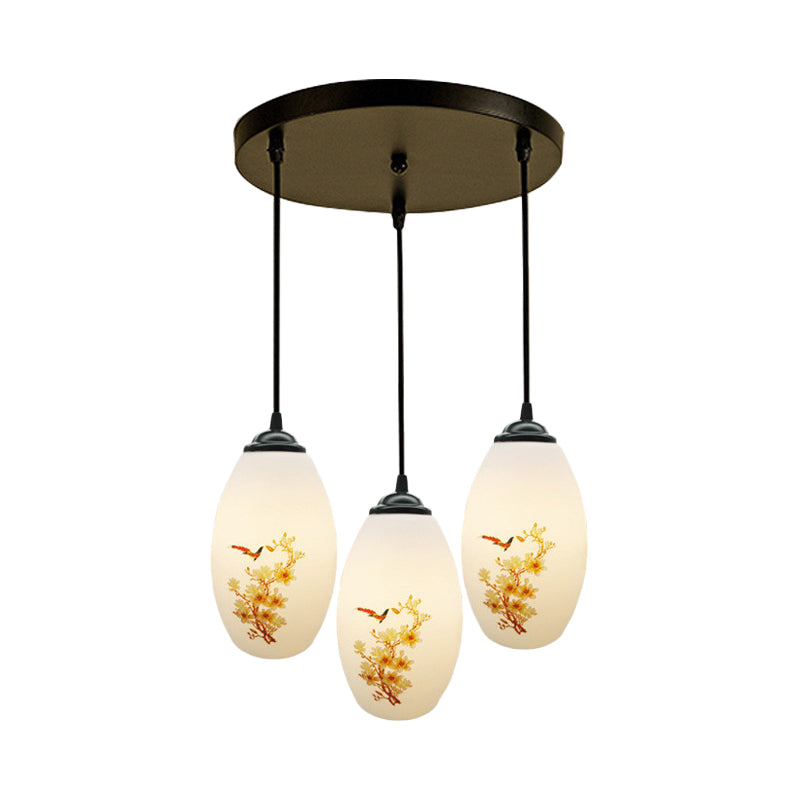 3 Bulbs Multiple Hanging Light Modern Oblong Frosted White Glass Linear/Round Canopy Pendulum Lamp with Flower Pattern Clearhalo 'Ceiling Lights' 'Glass shade' 'Glass' 'Pendant Lights' 'Pendants' Lighting' 802066