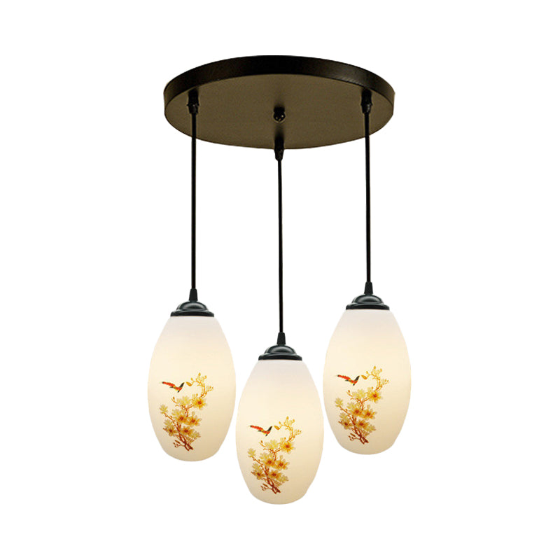 3 Bulbs Multiple Hanging Light Modern Oblong Frosted White Glass Linear/Round Canopy Pendulum Lamp with Flower Pattern Clearhalo 'Ceiling Lights' 'Glass shade' 'Glass' 'Pendant Lights' 'Pendants' Lighting' 802066