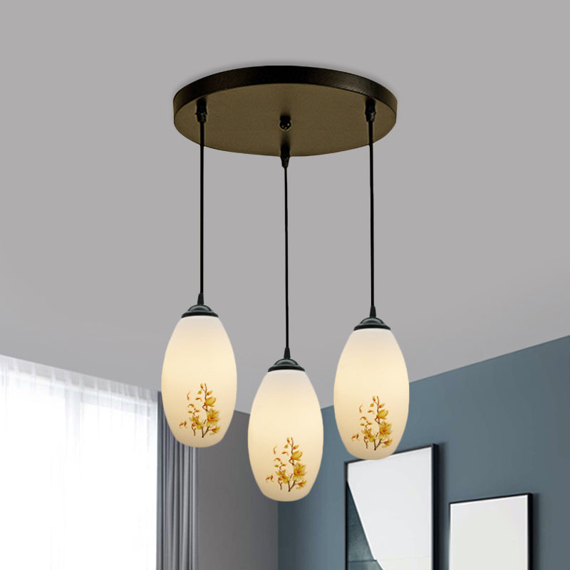 3 Bulbs Multiple Hanging Light Modern Oblong Frosted White Glass Linear/Round Canopy Pendulum Lamp with Flower Pattern White A Round Clearhalo 'Ceiling Lights' 'Glass shade' 'Glass' 'Pendant Lights' 'Pendants' Lighting' 802067
