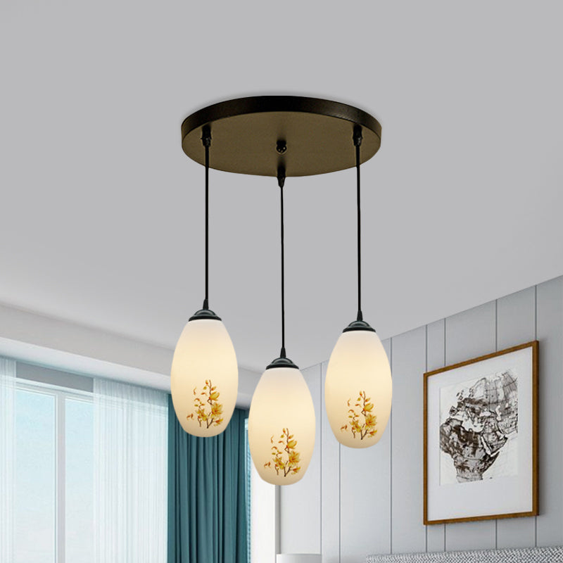 3 Bulbs Multiple Hanging Light Modern Oblong Frosted White Glass Linear/Round Canopy Pendulum Lamp with Flower Pattern Clearhalo 'Ceiling Lights' 'Glass shade' 'Glass' 'Pendant Lights' 'Pendants' Lighting' 802068