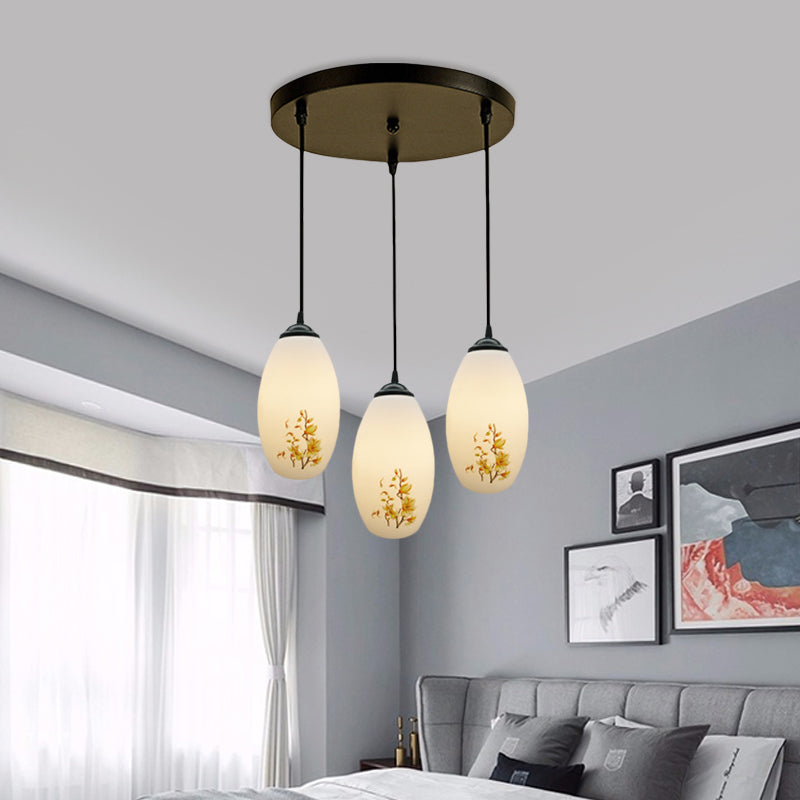 3 Bulbs Multiple Hanging Light Modern Oblong Frosted White Glass Linear/Round Canopy Pendulum Lamp with Flower Pattern Clearhalo 'Ceiling Lights' 'Glass shade' 'Glass' 'Pendant Lights' 'Pendants' Lighting' 802069