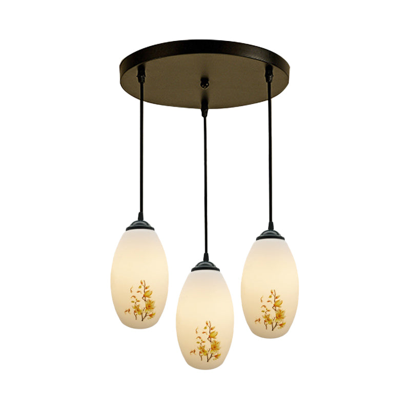 3 Bulbs Multiple Hanging Light Modern Oblong Frosted White Glass Linear/Round Canopy Pendulum Lamp with Flower Pattern Clearhalo 'Ceiling Lights' 'Glass shade' 'Glass' 'Pendant Lights' 'Pendants' Lighting' 802070