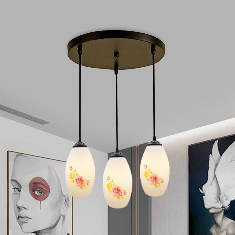 3 Bulbs Multiple Hanging Light Modern Oblong Frosted White Glass Linear/Round Canopy Pendulum Lamp with Flower Pattern White D Round Clearhalo 'Ceiling Lights' 'Glass shade' 'Glass' 'Pendant Lights' 'Pendants' Lighting' 802071