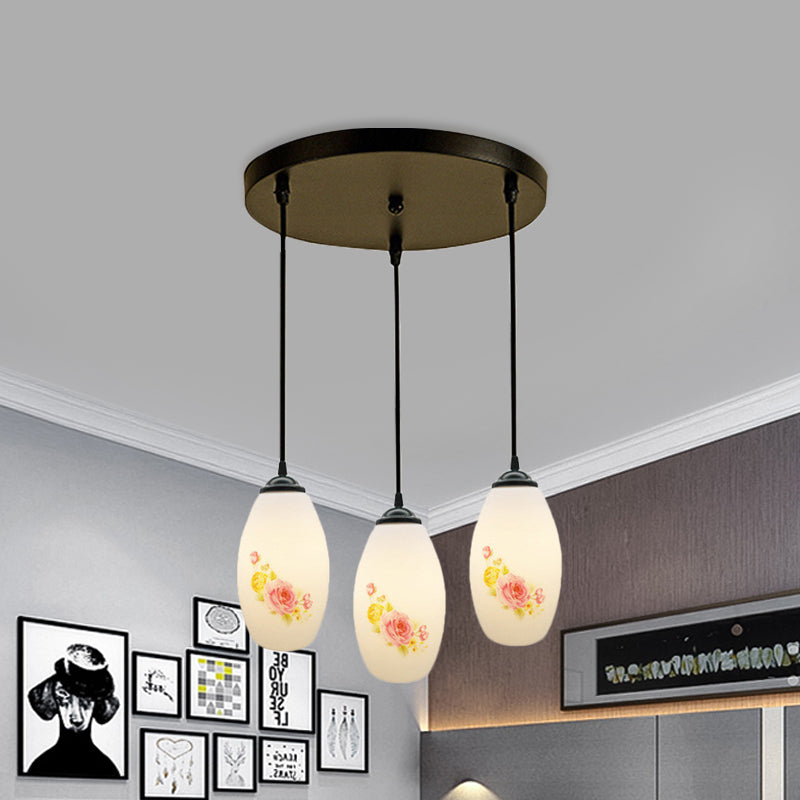 3 Bulbs Multiple Hanging Light Modern Oblong Frosted White Glass Linear/Round Canopy Pendulum Lamp with Flower Pattern Clearhalo 'Ceiling Lights' 'Glass shade' 'Glass' 'Pendant Lights' 'Pendants' Lighting' 802072
