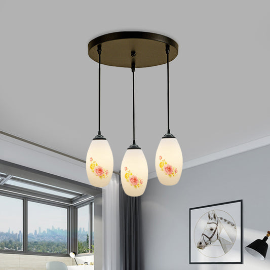 3 Bulbs Multiple Hanging Light Modern Oblong Frosted White Glass Linear/Round Canopy Pendulum Lamp with Flower Pattern Clearhalo 'Ceiling Lights' 'Glass shade' 'Glass' 'Pendant Lights' 'Pendants' Lighting' 802073