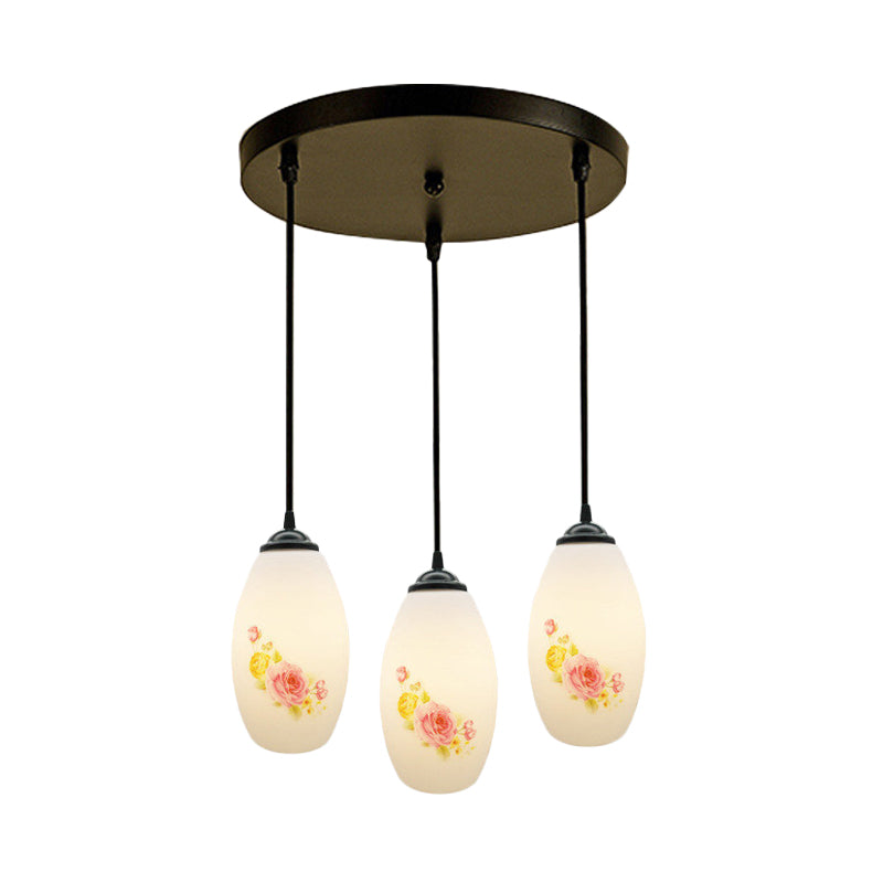 3 Bulbs Multiple Hanging Light Modern Oblong Frosted White Glass Linear/Round Canopy Pendulum Lamp with Flower Pattern Clearhalo 'Ceiling Lights' 'Glass shade' 'Glass' 'Pendant Lights' 'Pendants' Lighting' 802074