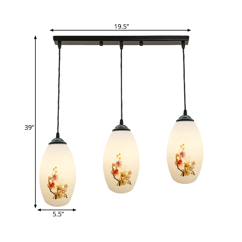 3 Bulbs Multiple Hanging Light Modern Oblong Frosted White Glass Linear/Round Canopy Pendulum Lamp with Flower Pattern Clearhalo 'Ceiling Lights' 'Glass shade' 'Glass' 'Pendant Lights' 'Pendants' Lighting' 802079