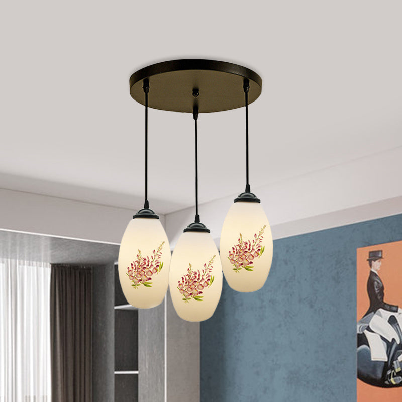 Minimalism Oval Multi Lamp Pendant 3 Heads White Frosted Glass Suspension Light in Black with Linear/Round Canopy White C Round Clearhalo 'Ceiling Lights' 'Glass shade' 'Glass' 'Pendant Lights' 'Pendants' Lighting' 802092