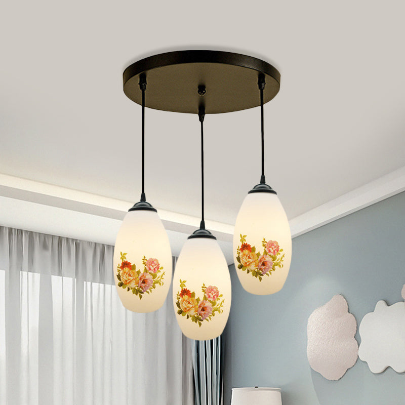 Minimalism Oval Multi Lamp Pendant 3 Heads White Frosted Glass Suspension Light in Black with Linear/Round Canopy Clearhalo 'Ceiling Lights' 'Glass shade' 'Glass' 'Pendant Lights' 'Pendants' Lighting' 802097