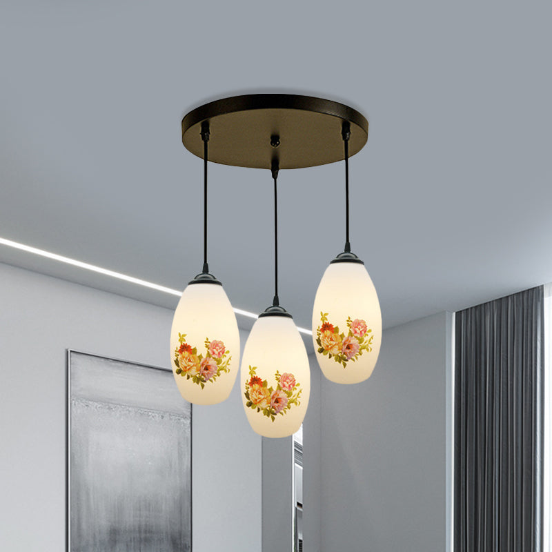 Minimalism Oval Multi Lamp Pendant 3 Heads White Frosted Glass Suspension Light in Black with Linear/Round Canopy Clearhalo 'Ceiling Lights' 'Glass shade' 'Glass' 'Pendant Lights' 'Pendants' Lighting' 802098