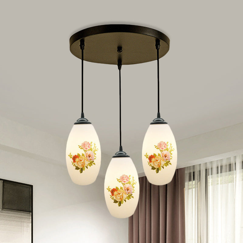 Minimalism Oval Multi Lamp Pendant 3 Heads White Frosted Glass Suspension Light in Black with Linear/Round Canopy White B Round Clearhalo 'Ceiling Lights' 'Glass shade' 'Glass' 'Pendant Lights' 'Pendants' Lighting' 802100
