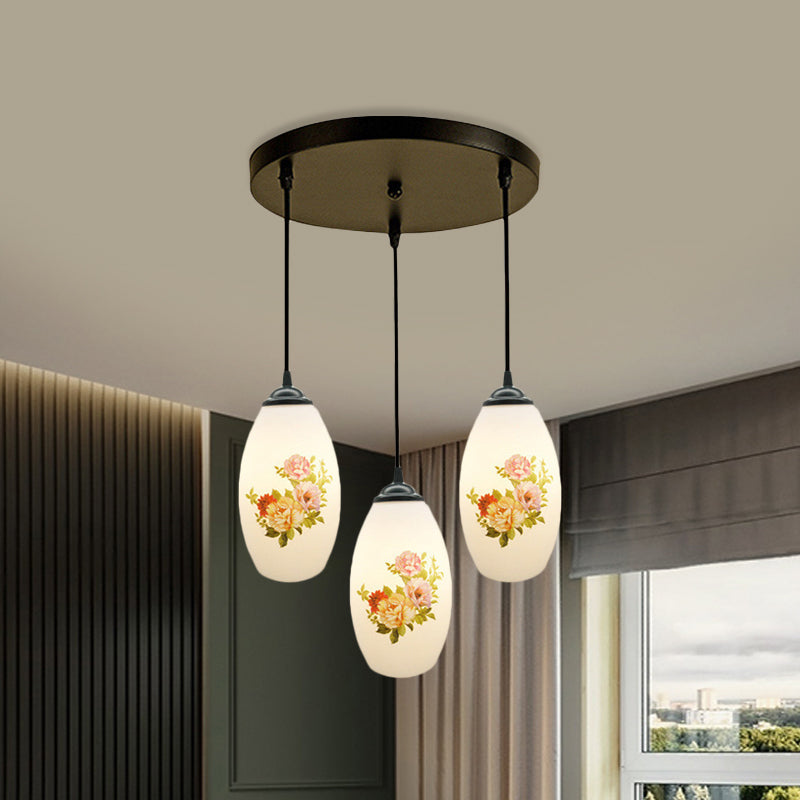 Minimalism Oval Multi Lamp Pendant 3 Heads White Frosted Glass Suspension Light in Black with Linear/Round Canopy Clearhalo 'Ceiling Lights' 'Glass shade' 'Glass' 'Pendant Lights' 'Pendants' Lighting' 802101