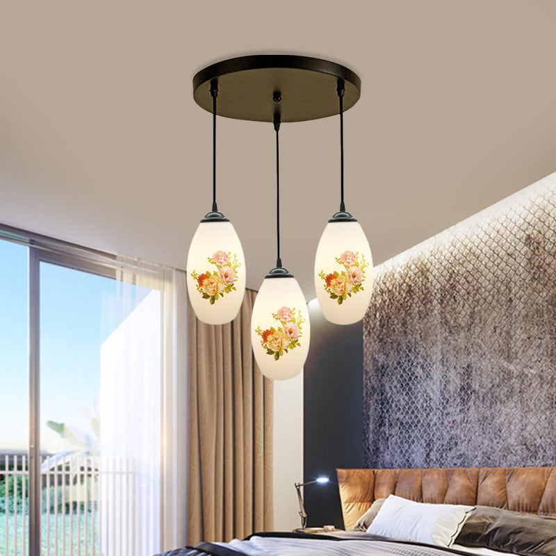 Minimalism Oval Multi Lamp Pendant 3 Heads White Frosted Glass Suspension Light in Black with Linear/Round Canopy Clearhalo 'Ceiling Lights' 'Glass shade' 'Glass' 'Pendant Lights' 'Pendants' Lighting' 802102