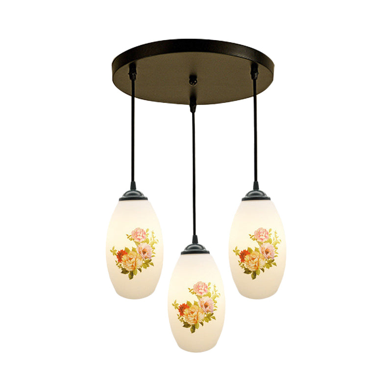 Minimalism Oval Multi Lamp Pendant 3 Heads White Frosted Glass Suspension Light in Black with Linear/Round Canopy Clearhalo 'Ceiling Lights' 'Glass shade' 'Glass' 'Pendant Lights' 'Pendants' Lighting' 802103