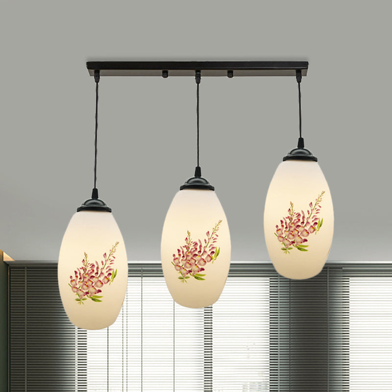 Minimalism Oval Multi Lamp Pendant 3 Heads White Frosted Glass Suspension Light in Black with Linear/Round Canopy White C Linear Clearhalo 'Ceiling Lights' 'Glass shade' 'Glass' 'Pendant Lights' 'Pendants' Lighting' 802104