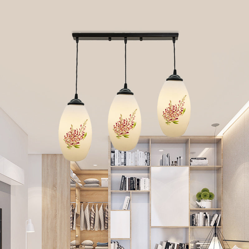 Minimalism Oval Multi Lamp Pendant 3 Heads White Frosted Glass Suspension Light in Black with Linear/Round Canopy Clearhalo 'Ceiling Lights' 'Glass shade' 'Glass' 'Pendant Lights' 'Pendants' Lighting' 802106