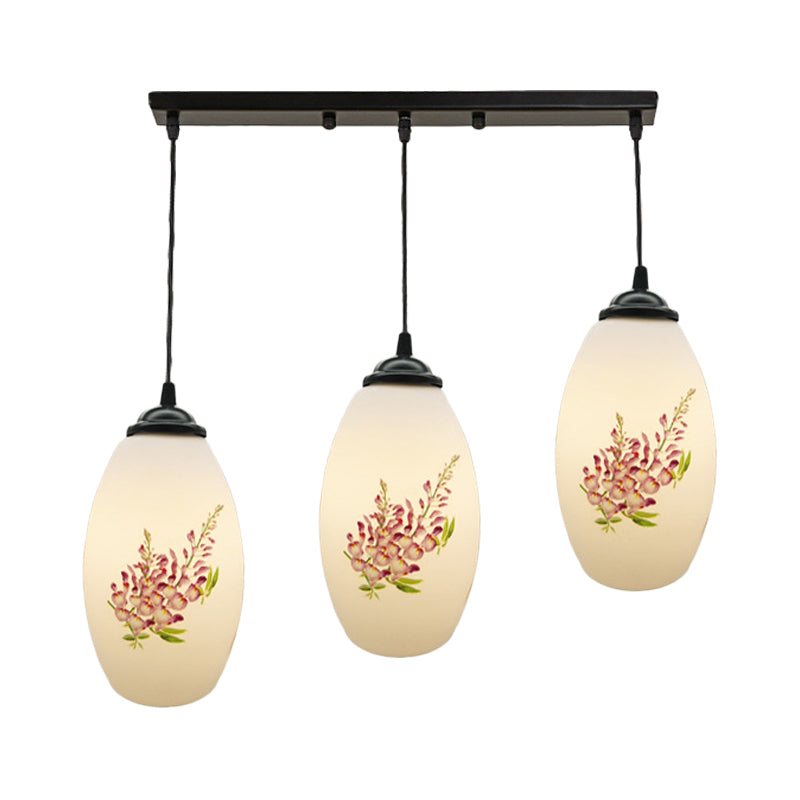 Minimalism Oval Multi Lamp Pendant 3 Heads White Frosted Glass Suspension Light in Black with Linear/Round Canopy Clearhalo 'Ceiling Lights' 'Glass shade' 'Glass' 'Pendant Lights' 'Pendants' Lighting' 802107