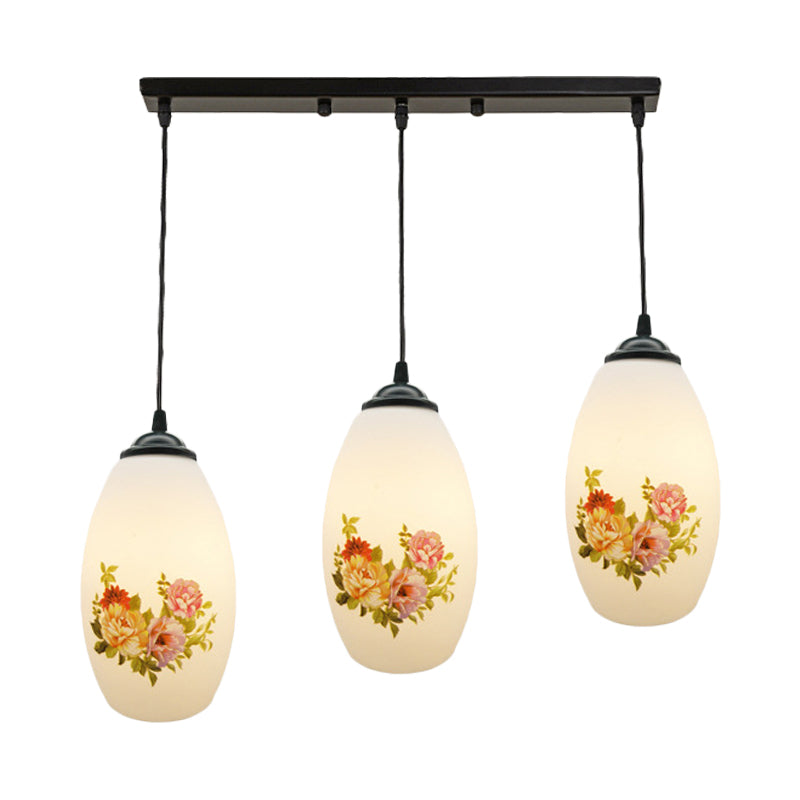 Minimalism Oval Multi Lamp Pendant 3 Heads White Frosted Glass Suspension Light in Black with Linear/Round Canopy Clearhalo 'Ceiling Lights' 'Glass shade' 'Glass' 'Pendant Lights' 'Pendants' Lighting' 802112