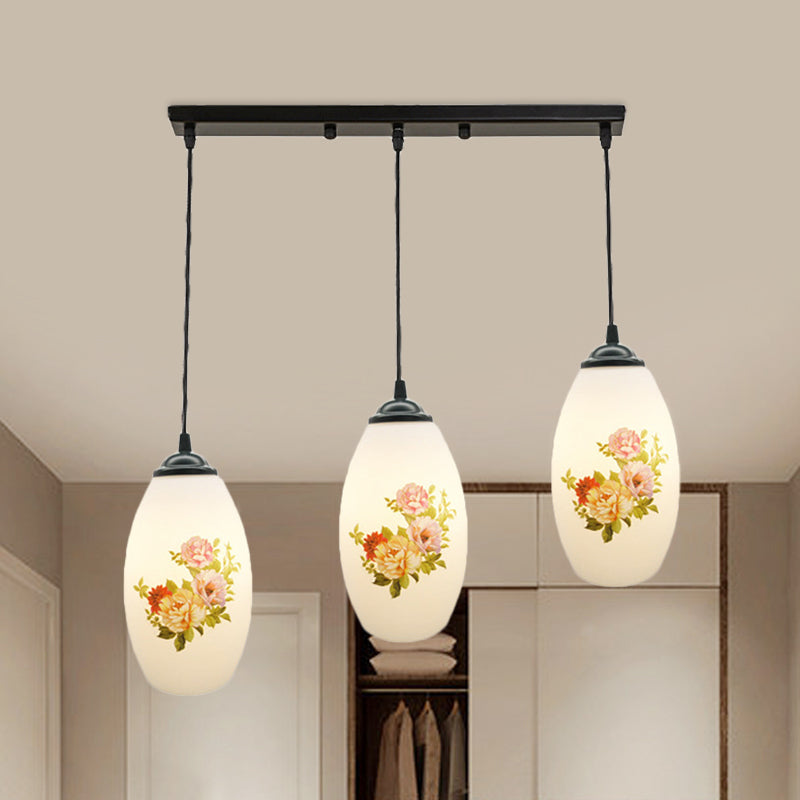 Minimalism Oval Multi Lamp Pendant 3 Heads White Frosted Glass Suspension Light in Black with Linear/Round Canopy White B Linear Clearhalo 'Ceiling Lights' 'Glass shade' 'Glass' 'Pendant Lights' 'Pendants' Lighting' 802113