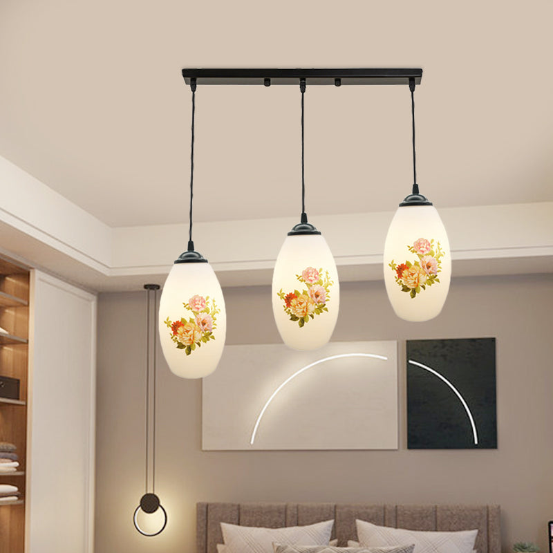 Minimalism Oval Multi Lamp Pendant 3 Heads White Frosted Glass Suspension Light in Black with Linear/Round Canopy Clearhalo 'Ceiling Lights' 'Glass shade' 'Glass' 'Pendant Lights' 'Pendants' Lighting' 802115