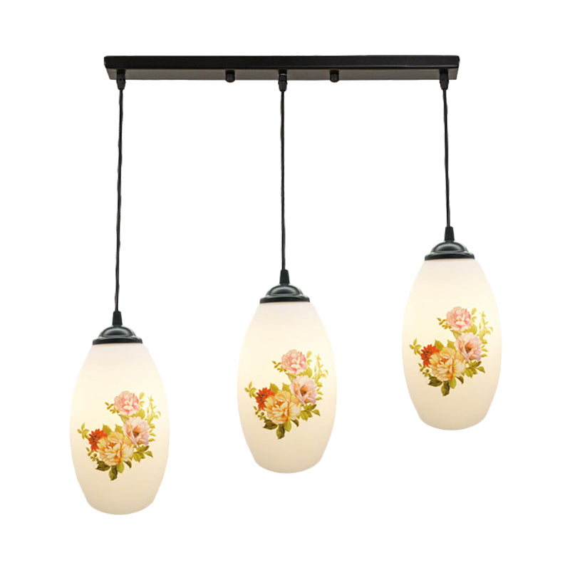 Minimalism Oval Multi Lamp Pendant 3 Heads White Frosted Glass Suspension Light in Black with Linear/Round Canopy Clearhalo 'Ceiling Lights' 'Glass shade' 'Glass' 'Pendant Lights' 'Pendants' Lighting' 802116