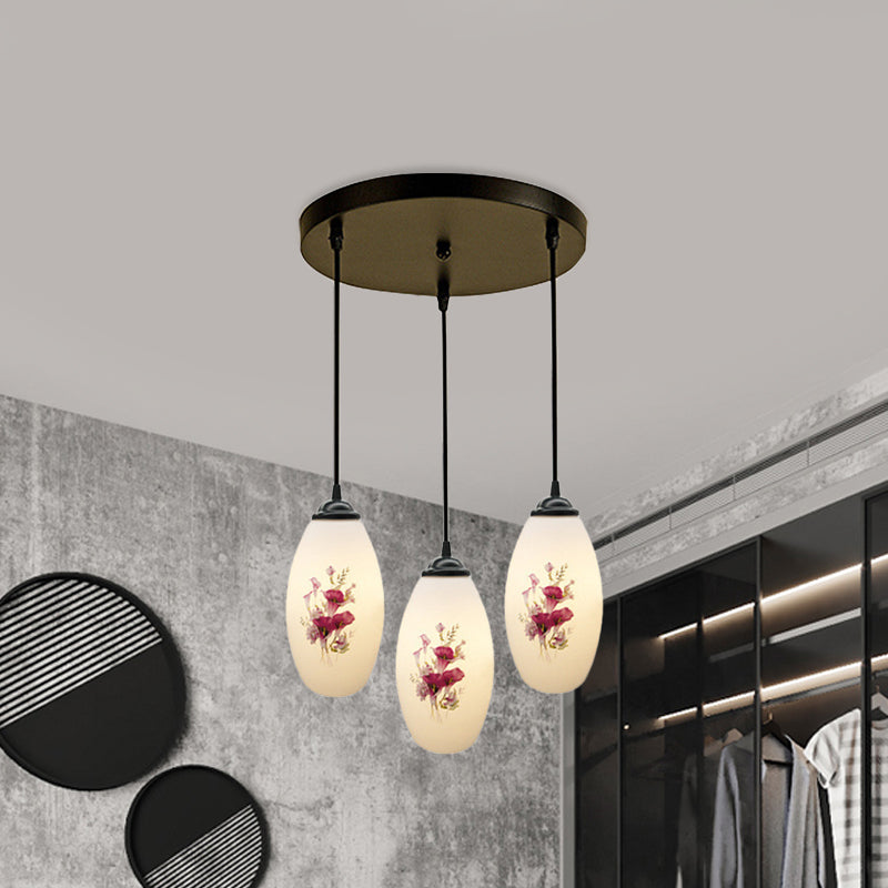 3 Lights Oval Multi-Pendant Modern Black Finish White Printed Glass Ceiling Hang Fixture with Round/Linear Canopy White C Round Clearhalo 'Ceiling Lights' 'Close To Ceiling Lights' 'Glass shade' 'Glass' 'Pendant Lights' 'Pendants' Lighting' 802117