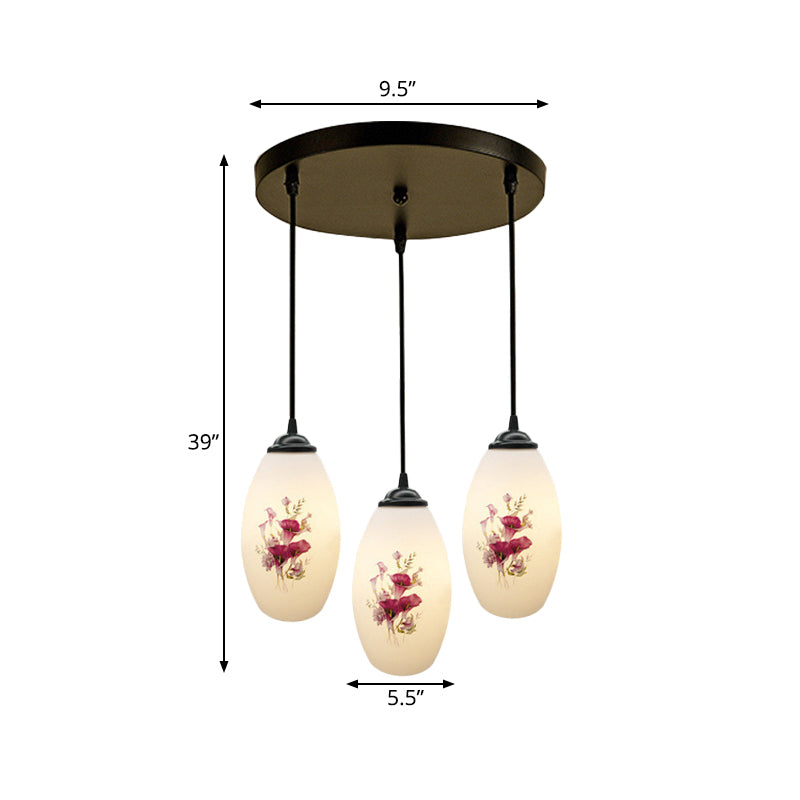 3 Lights Oval Multi-Pendant Modern Black Finish White Printed Glass Ceiling Hang Fixture with Round/Linear Canopy Clearhalo 'Ceiling Lights' 'Close To Ceiling Lights' 'Glass shade' 'Glass' 'Pendant Lights' 'Pendants' Lighting' 802120