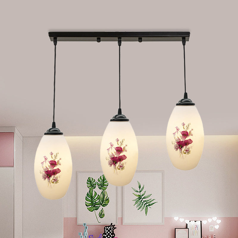 3 Lights Oval Multi-Pendant Modern Black Finish White Printed Glass Ceiling Hang Fixture with Round/Linear Canopy White C Linear Clearhalo 'Ceiling Lights' 'Close To Ceiling Lights' 'Glass shade' 'Glass' 'Pendant Lights' 'Pendants' Lighting' 802133