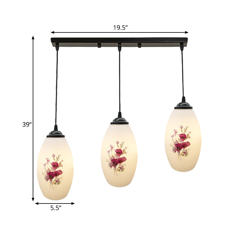 3 Lights Oval Multi-Pendant Modern Black Finish White Printed Glass Ceiling Hang Fixture with Round/Linear Canopy Clearhalo 'Ceiling Lights' 'Close To Ceiling Lights' 'Glass shade' 'Glass' 'Pendant Lights' 'Pendants' Lighting' 802137