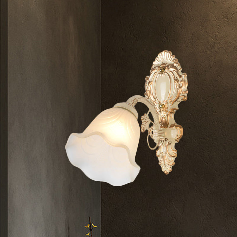 Floral Frosted Glass Wall Sconce Vintage 1 Bulb Bedroom Wall Mounted Light Fixture in Beige Clearhalo 'Wall Lamps & Sconces' 'Wall Lights' Lighting' 802151